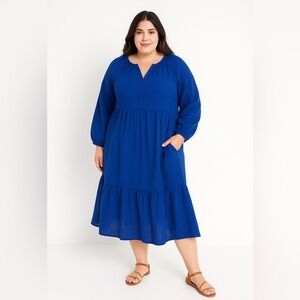NWT Old Navy seersucker all day tiered midi dress size 4X long sleeve peasant